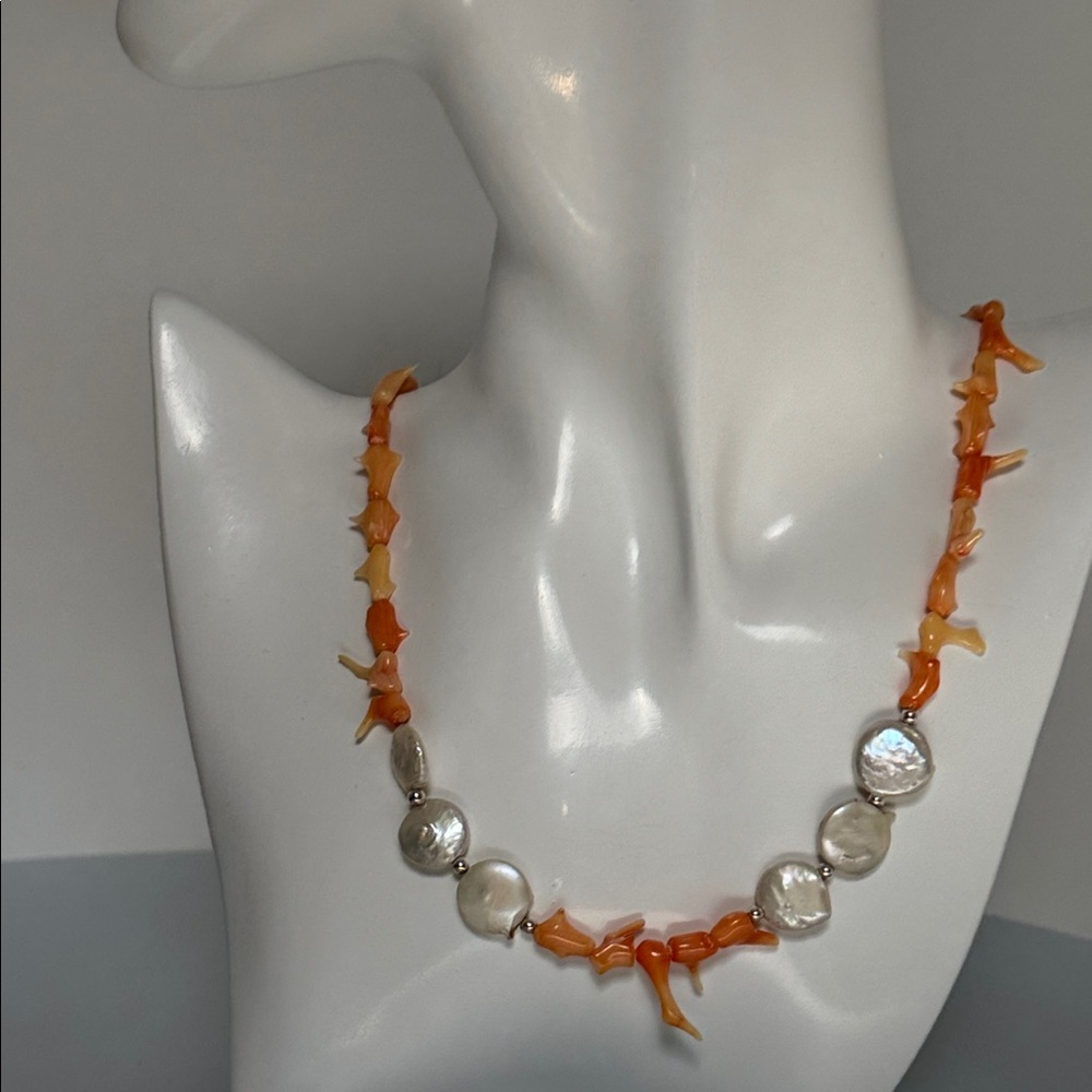 Vintage Coral  freshwater Pearls 925 sterling Silver Necklace​